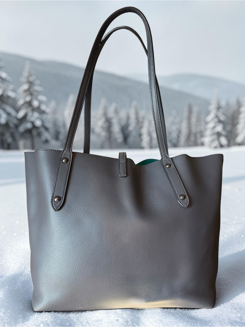 Coach Market Tote Gray Pebble Leather Teal Interior - Picture 3 of 10